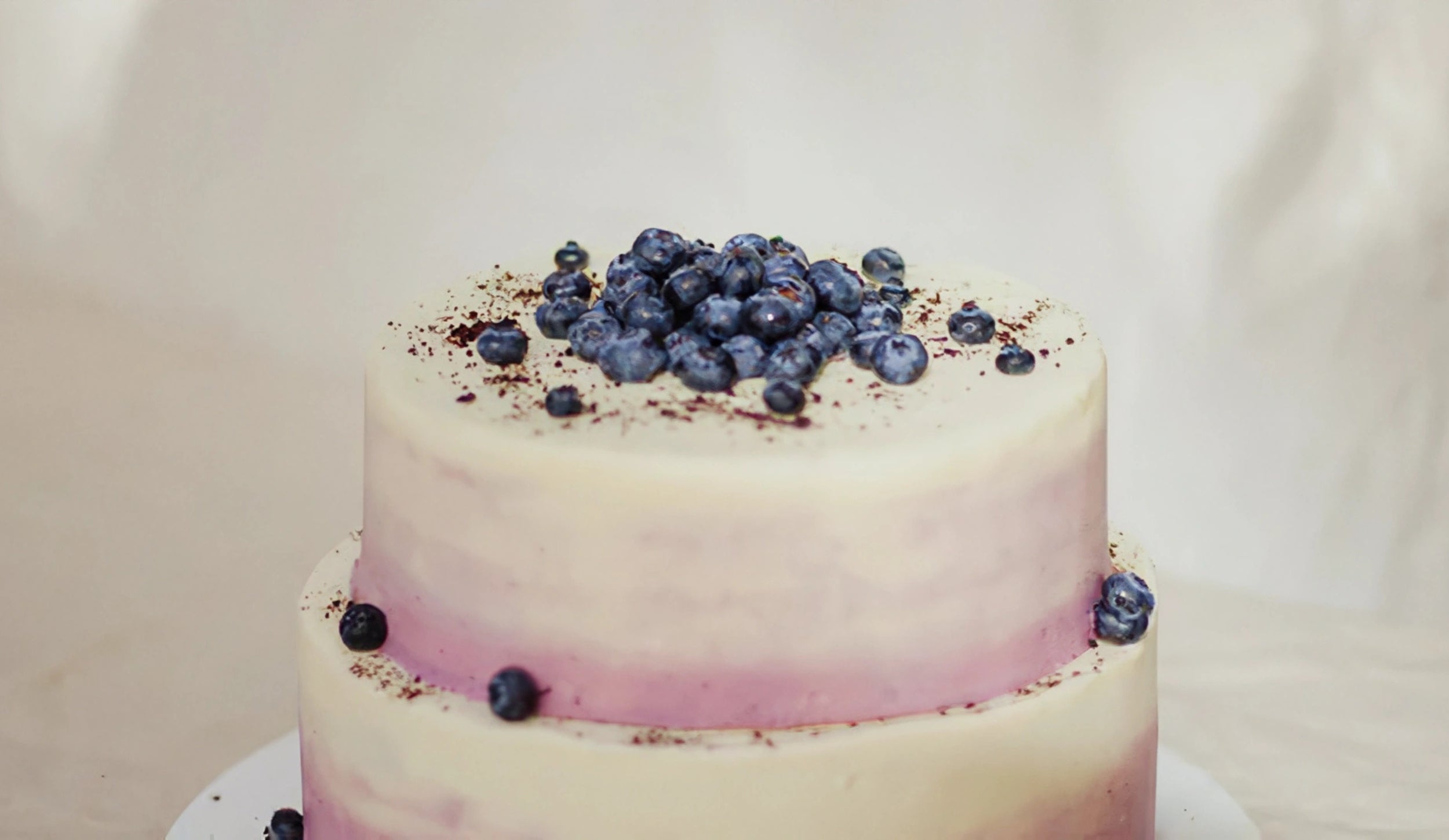 A two-tiered cake with a white top layer adorned with fresh blueberries and a purple-ombre bottom layer.