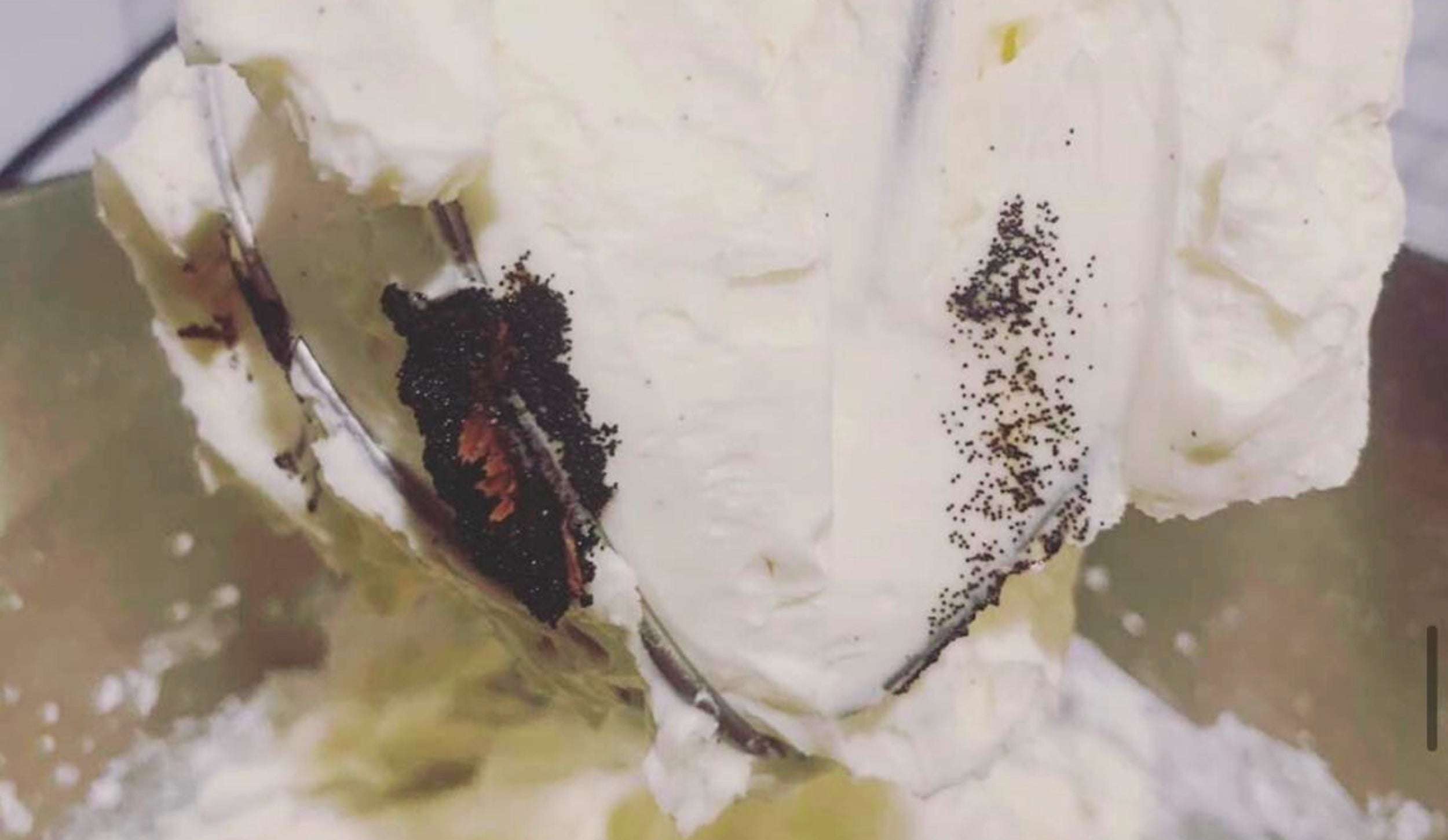 A close-up shot of a whisk with white cream and vanilla bean seeds.