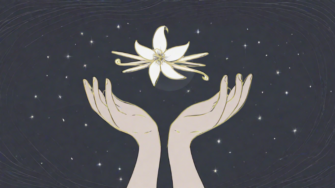 A stylized illustration of a luminous vanilla flower and beans floating above open hands against a starry night sky, evoking a sense of wonder and magic.