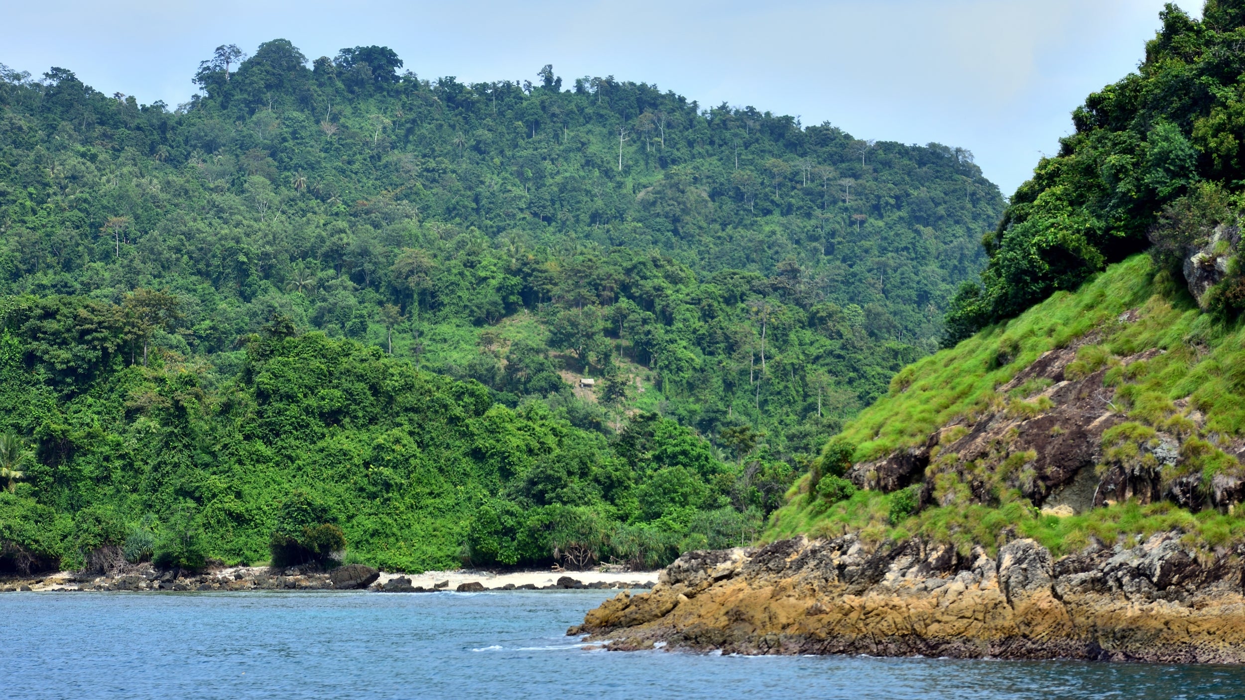 A lush, green, tree-covered hill slopes down to a rocky outcropping on a beach with blue water.